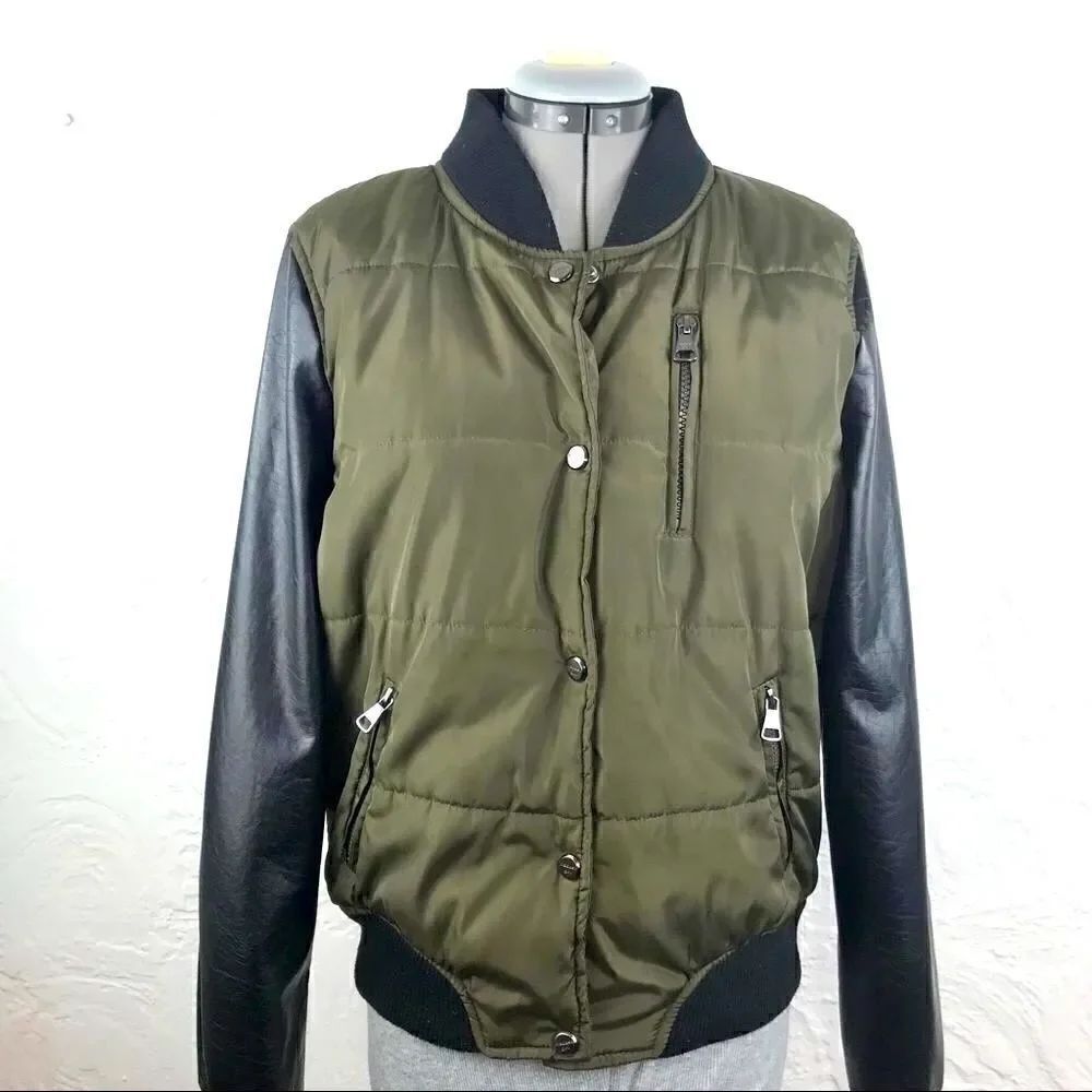 Madden Girl Olive Faux Black Leather Puffer Jacket